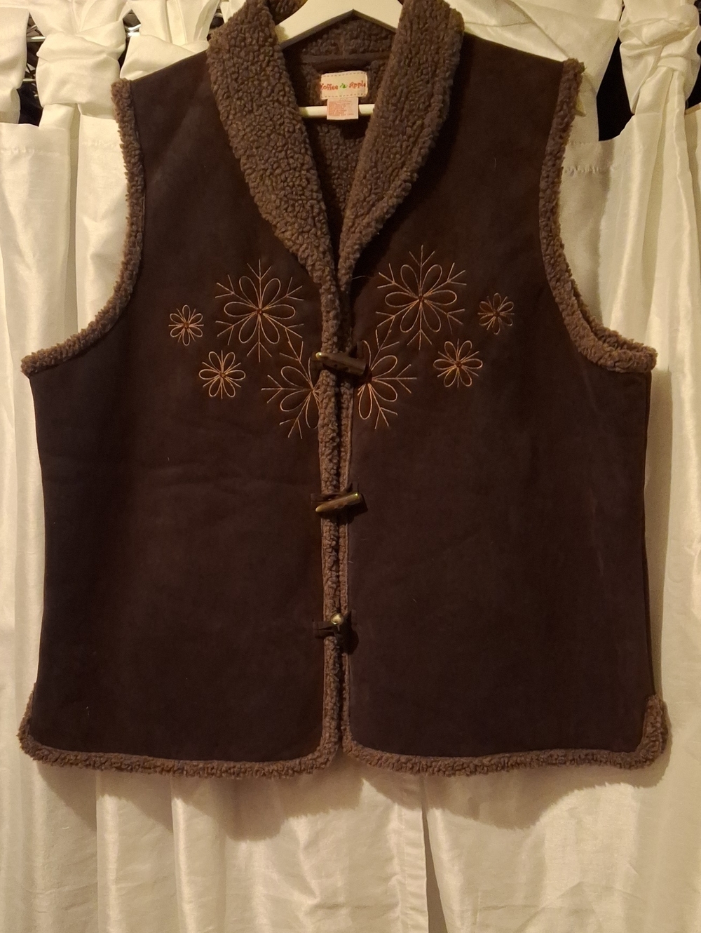 Unbranded Women's Brown Sherpa Vest with Floral Embroidery